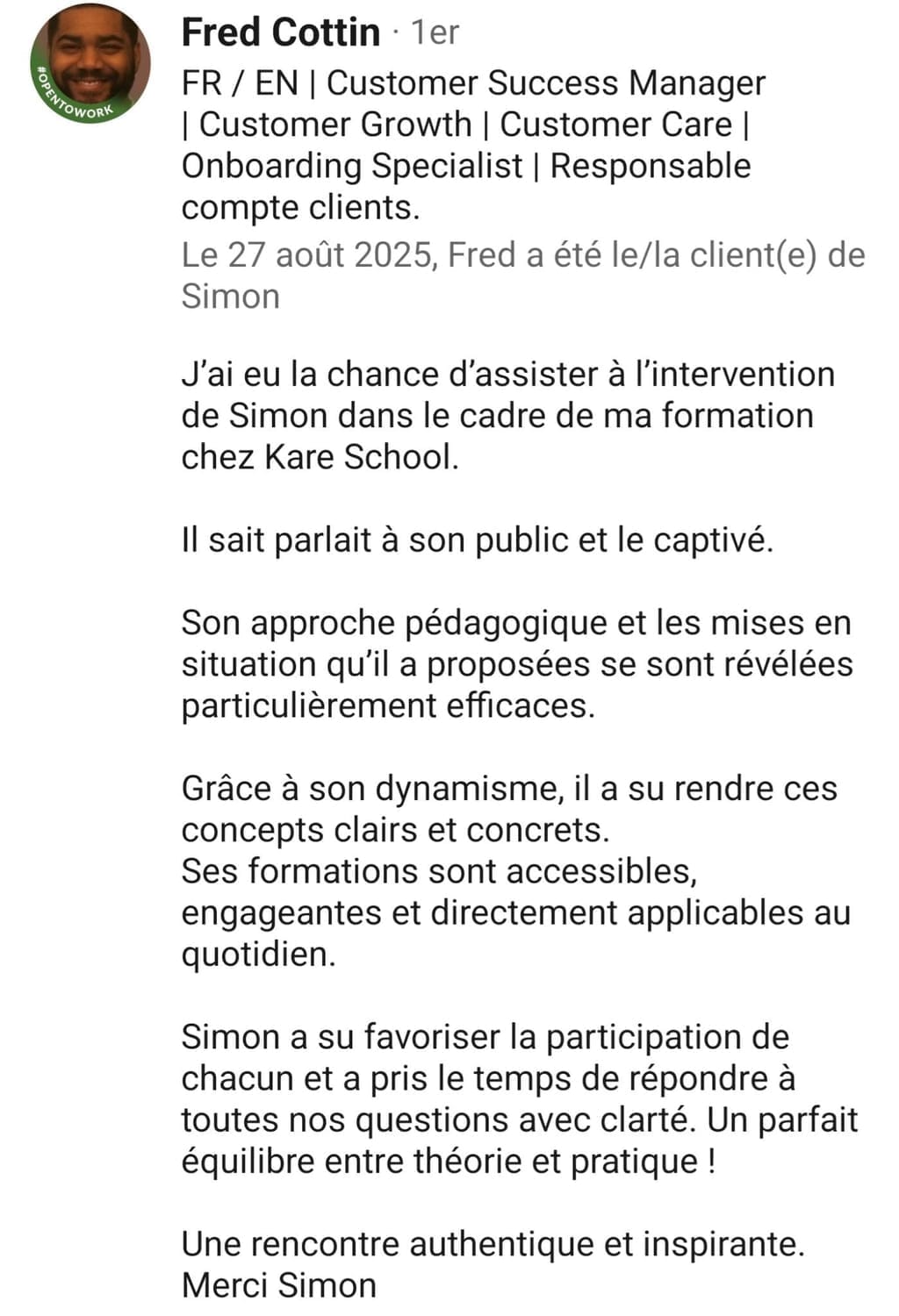 témoignage client Fred