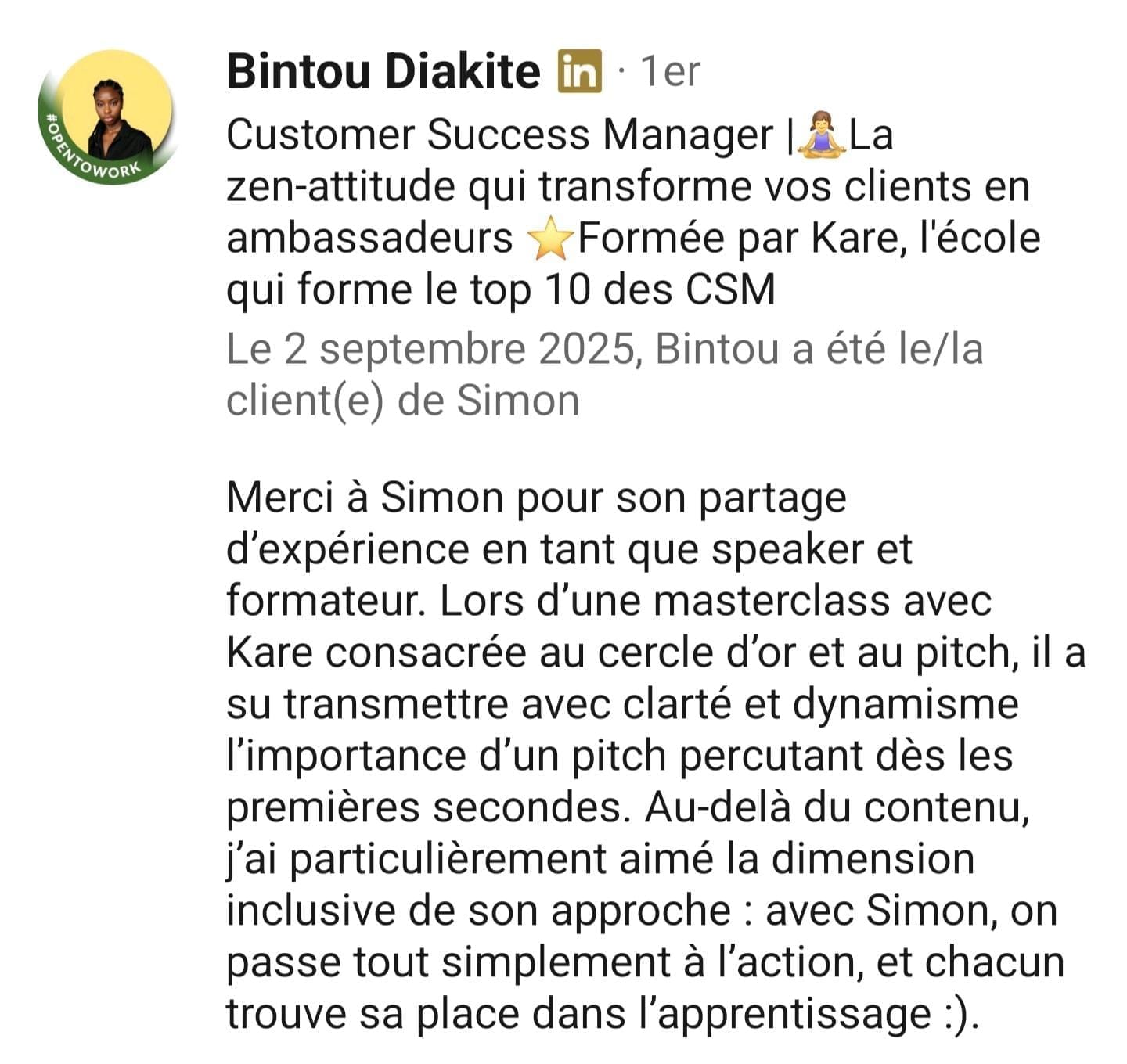 témoignage client Bintou
