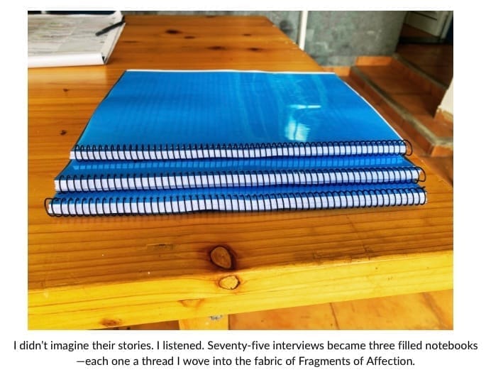 Stack of notebooks full of information from the D.I.D interviews