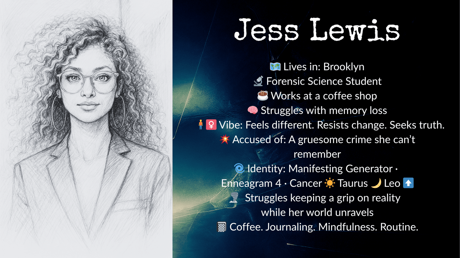 Character profile of Jess Lewis. Left side: Pencil sketch of a young woman with curly hair, large hoop earrings, glasses, and a blazer. Right side: Text on a dark abstract background listing her details — Lives in: Brooklyn; Forensic Science Student; Works at a coffee shop; Struggles with memory loss; Vibe: Feels different, resists change, seeks truth; Accused of a gruesome crime she can’t remember; Identity: Manifesting Generator; Enneagram 4; Cancer sun, Taurus moon, Leo rising; Struggles to keep a grip on reality while her world unravels; Enjoys coffee, journaling, mindfulness, and routine.