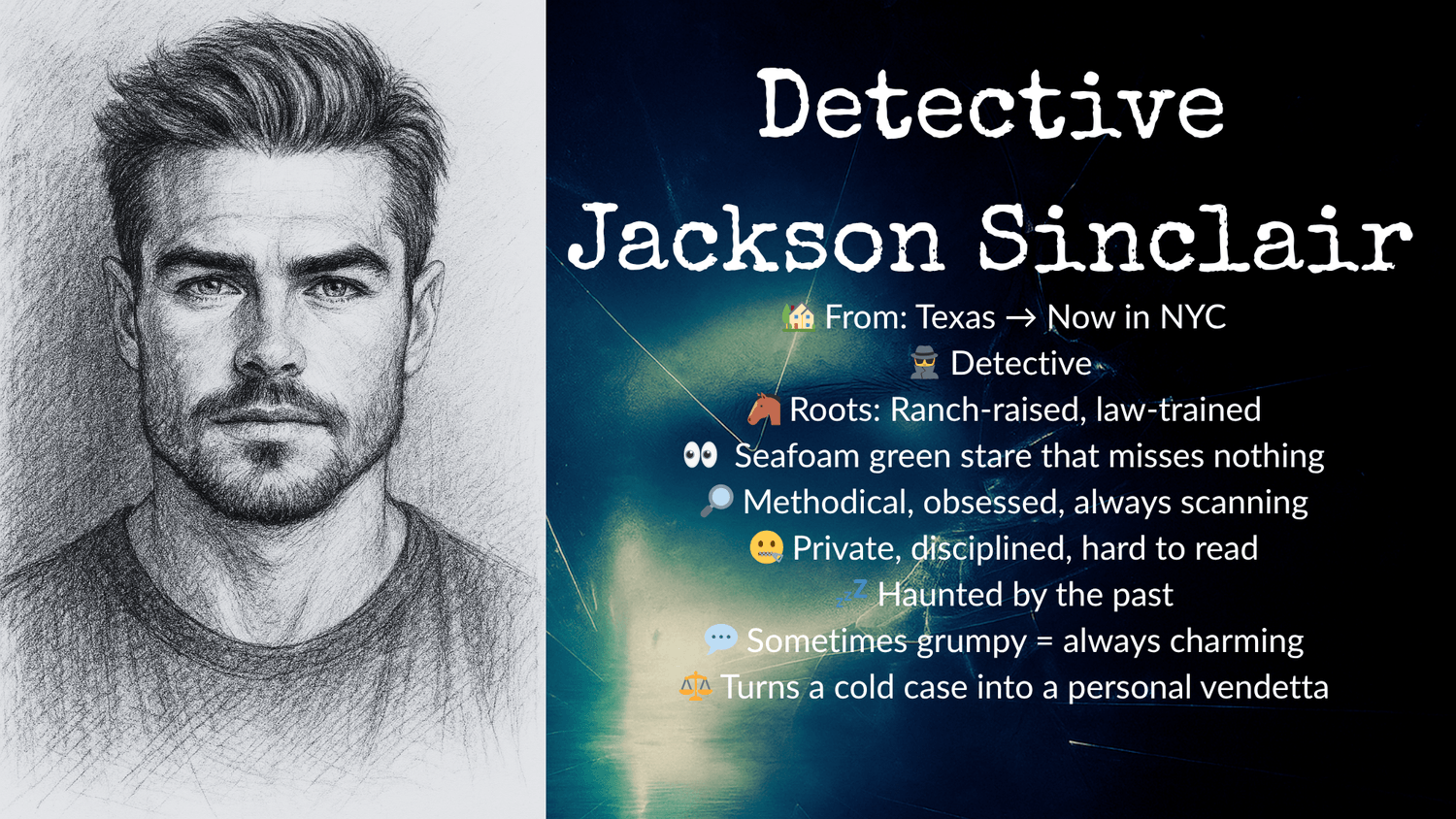 Character profile of Detective Jackson Sinclair. Left side: Pencil sketch of a serious-looking man with short, styled hair, a beard, and a direct gaze. Right side: Text on a dark abstract background listing his details — From: Texas, now in NYC; Occupation: Detective; Roots: Ranch-raised, law-trained; Seafoam green eyes that miss nothing; Methodical, obsessed, always scanning; Private, disciplined, hard to read; Haunted by the past; Sometimes grumpy but always charming; Turns a cold case into a personal vendetta