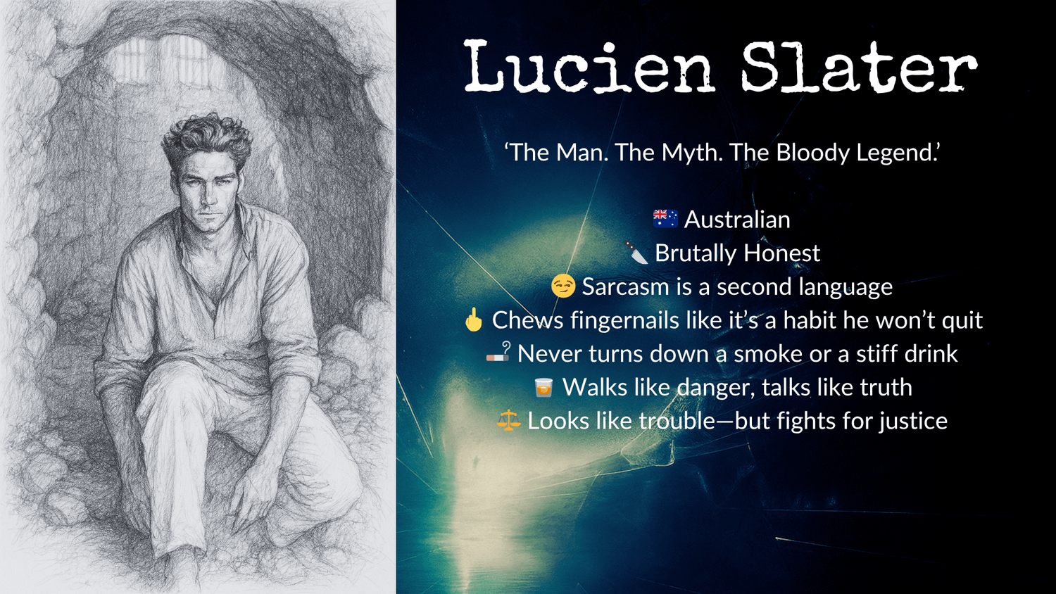 Character profile of Lucien Slater. Left side: Pencil sketch of a man with tousled hair, wearing an open-collared shirt and light pants, sitting barefoot in a dim stone tunnel with light filtering through small barred windows behind him. He leans forward slightly with a serious, guarded expression. Right side: On a dark abstract background, white text reads — ‘The Man. The Myth. The Bloody Legend.’; Australian; Brutally honest; Sarcasm is a second language; Chews fingernails like it’s a habit he won’t quit; Never turns down a smoke or a stiff drink; Walks like danger, talks like truth; Looks like trouble but fights for justice.