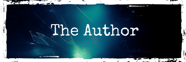 Grunge-style banner with the words ‘The Author’ in white typewriter font on a dark blue and teal textured background with rough white borders.