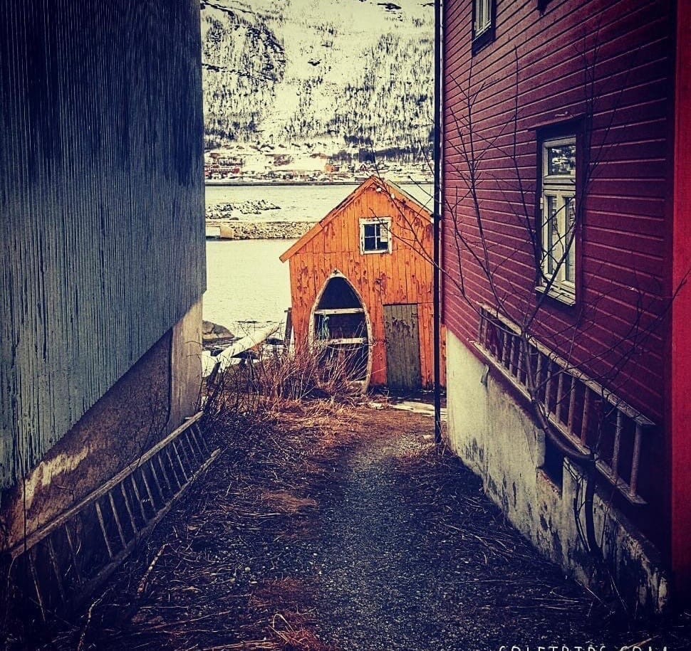 Colorful wooden houses along a narrow path in coastal Norway, with snowy mountains and water in the background—capturing bespoke Scandinavian travel, immersive cultural journeys, and luxury boutique itineraries designed by a personal travel consultant.
