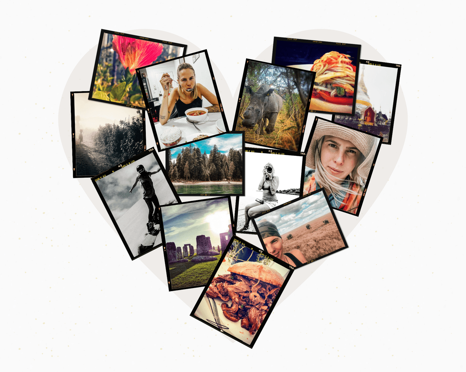 Heart-shaped collage of travel and lifestyle photographs featuring Danielle Blum. The images include Danielle enjoying a meal at a café, smiling in desert landscapes with a sunhat and scarf, and holding a camera in nature. Surrounding shots highlight a rhino in the wild, Stonehenge at sunset, tie-dye clothing, street food dishes, forest hikes, skateboarding, and vibrant flowers. Together, the collage reflects luxury boutique travel, soulful adventure, and curated cultural and culinary experiences.