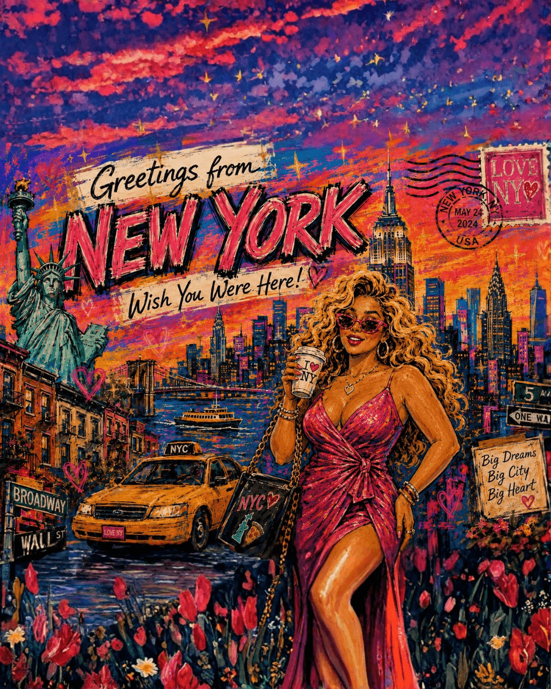 Postcard featuring fictional character Olivia O’Deli O’Dell in New York City