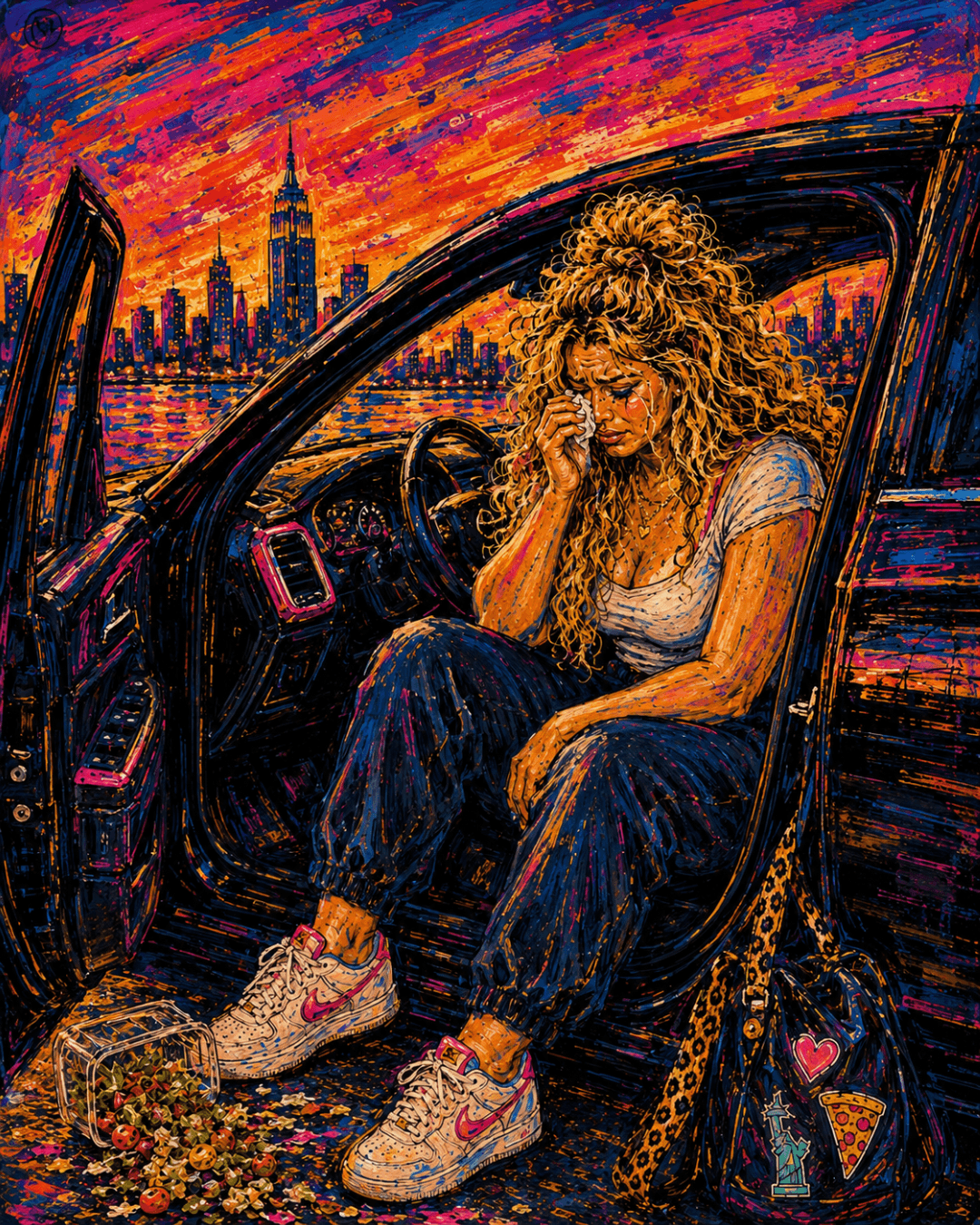 Fictional scene of Olivia O’Dell crying after dropping her salad beside her car