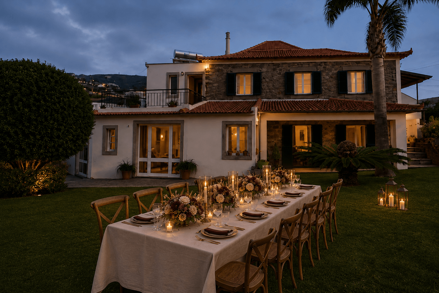 AI-generated CASA supper-club concept: a table for ten with flowers and candles in front of Danielle’s house at dusk.