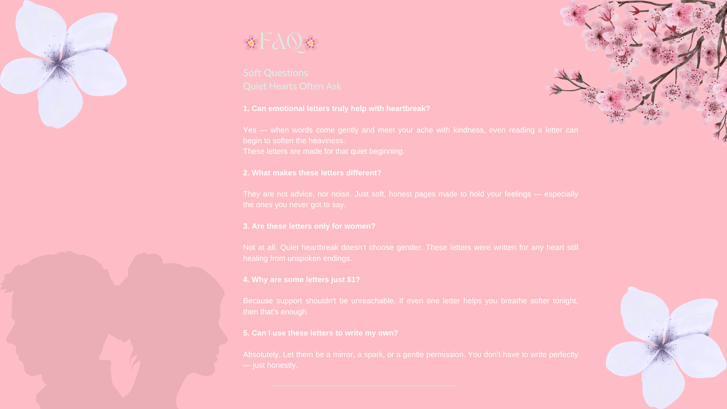 Emotional FAQ image for breakup healing – includes soft answers about love letters starting at $1, gentle emotional support, and how digital products can comfort quiet hearts – irmica.com