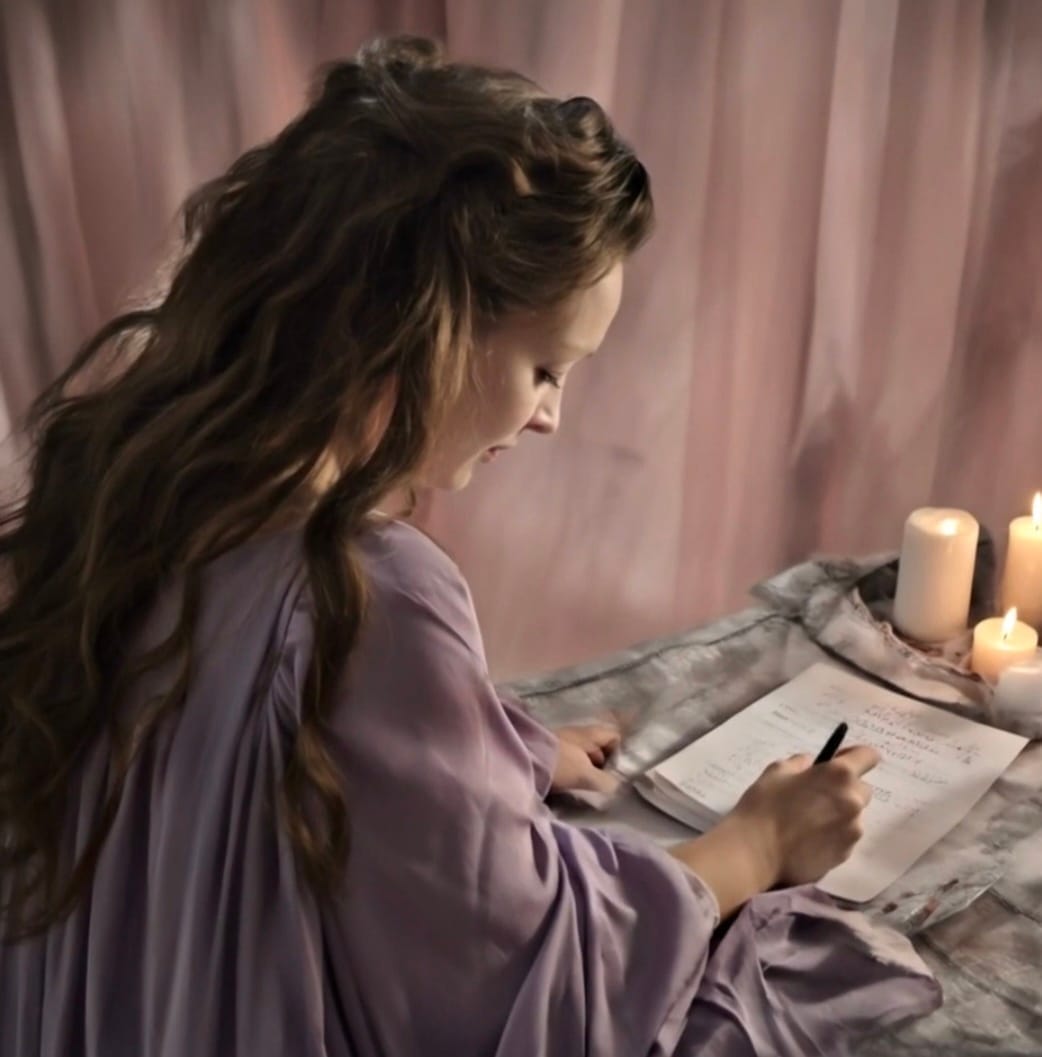 A faceless feminine avatar writing by candlelight, emotional soft illustration.