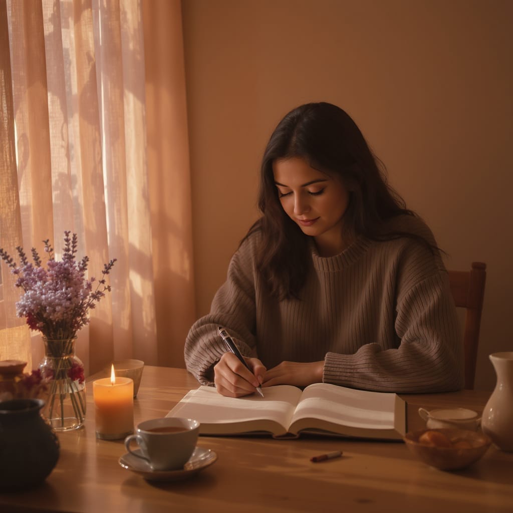Quiet person journaling in soft light surrounded by lavender, candle, and tea, reflecting peacefully to soothe loneliness