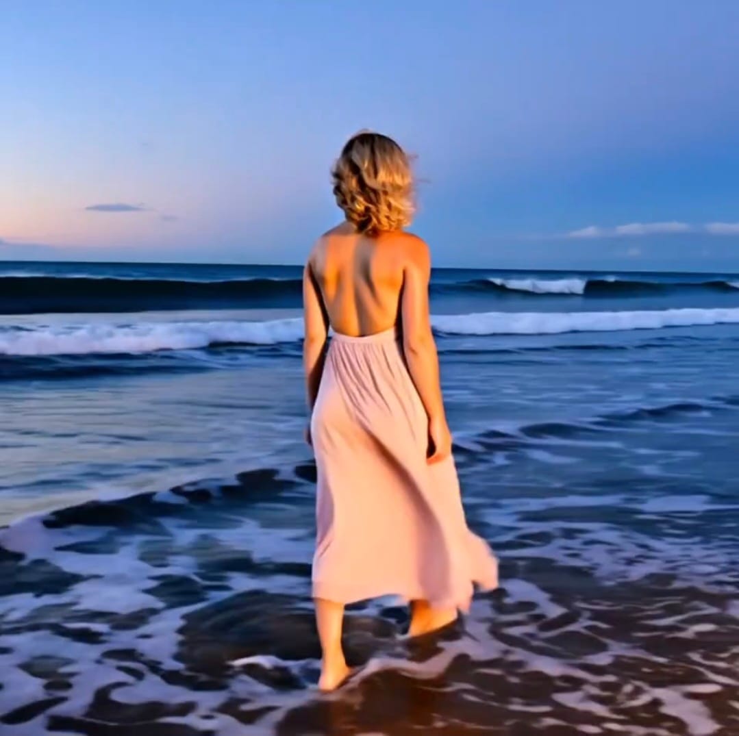 A woman walking softly on water, symbolizing strength and solitude