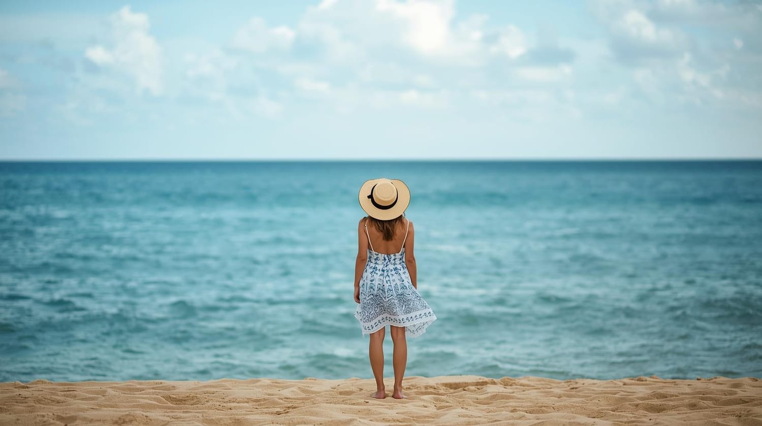 Traveler standing on a beach and looking out over the ocean