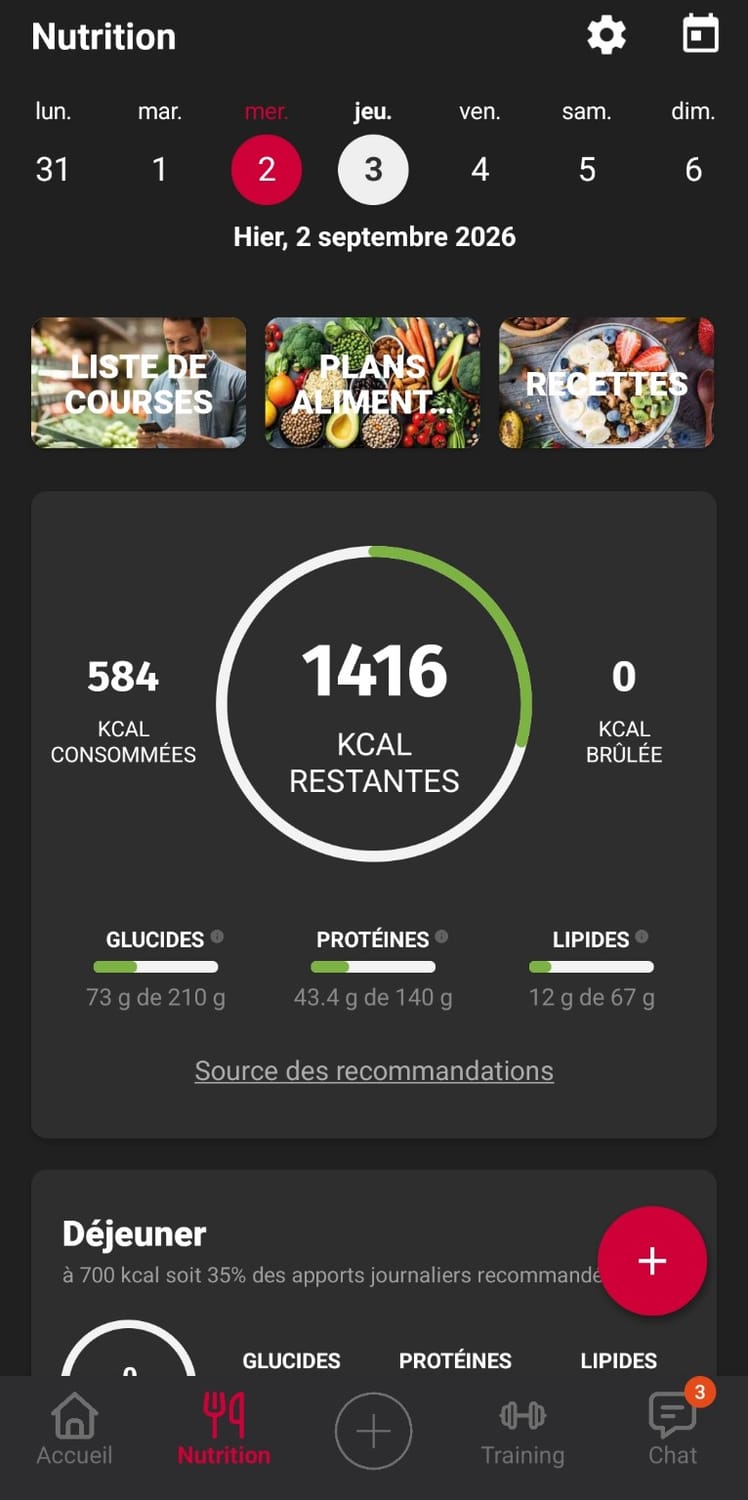 Suivi quotidien des calories et macronutriments dans l’application The SwissCoach