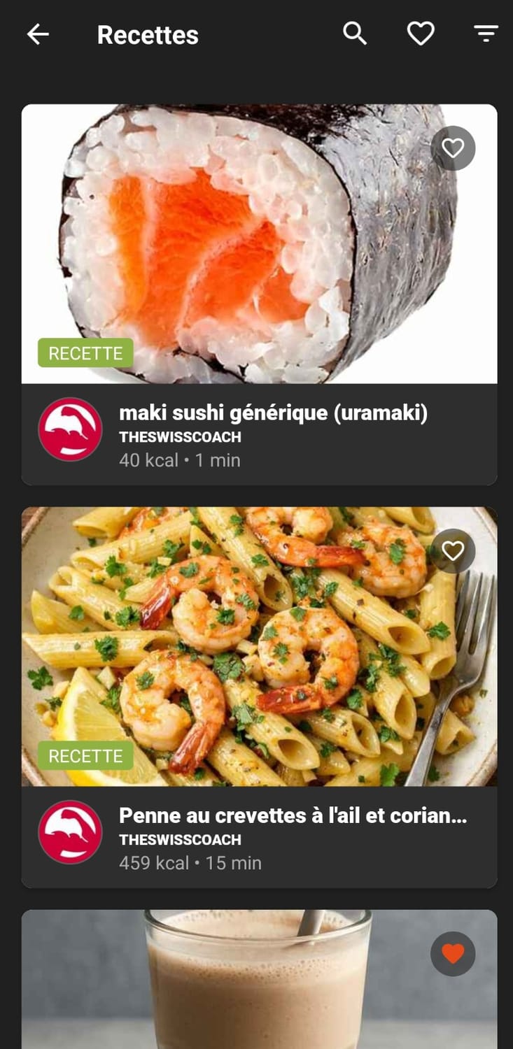 Catalogue de recettes dans l’application The SwissCoach