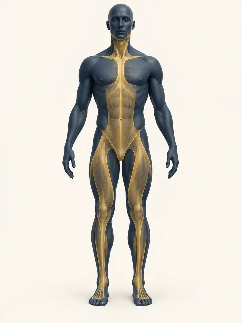 Illustration simplifiée de la chaîne antérieure, en bleu nuit et or