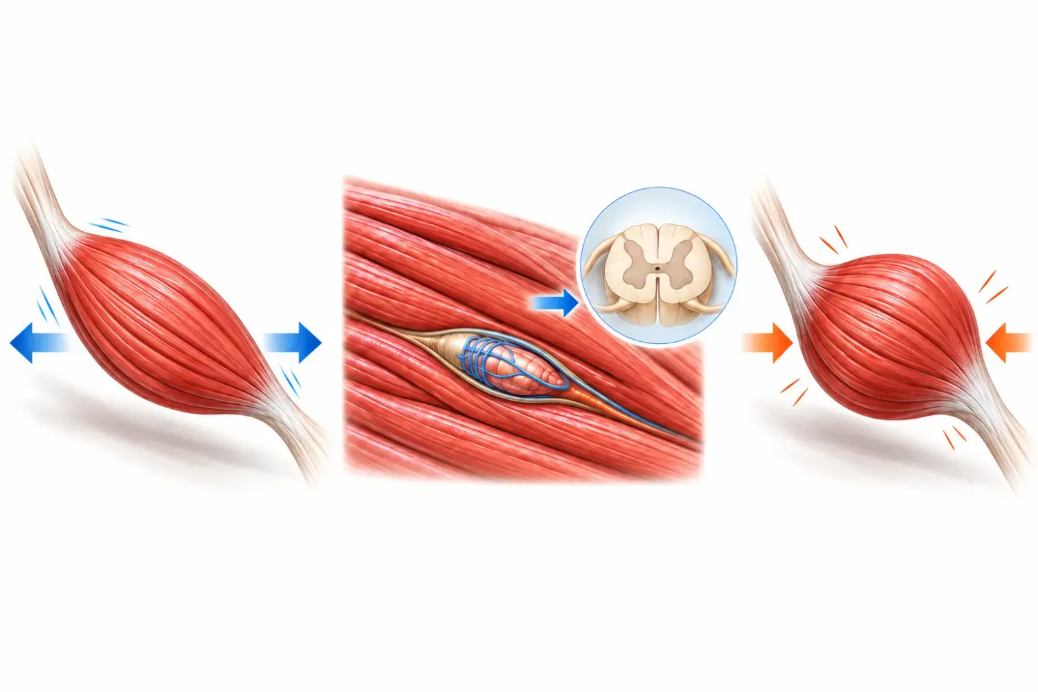 Vue d’ensemble du réflexe d’étirement : le muscle s’allonge, les fuseaux neuromusculaires transmettent l’information à la moelle épinière, puis une contraction réflexe se produit.