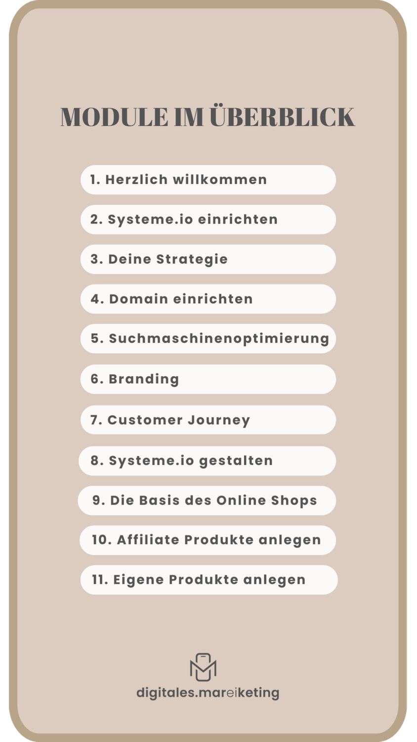 Infografik mit vier Symbolen zu den Vorteilen der AOS Factory: Online-Shop-Vorlage zum Ausfüllen, Gestaltungsfreiraum für Branding, kostenloses E-Mail-Marketing über Freebies und Bonus-Hinweise zur Affiliate-Verantwortung – dargestellt auf hellem Hintergrund mit Schilf.