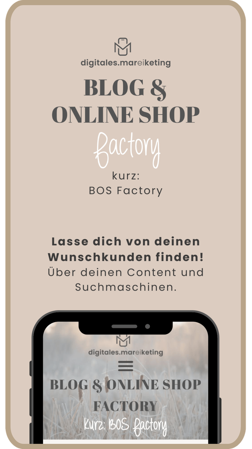 Beige-goldenes Infobild zur AOS Factory: Mini-Kurs zum Aufbau eines kostenlosen Online-Shops mit Systeme.io – ohne monatliche Gebühren oder Transaktionskosten, ideal für digitale Produkte, PLR und Affiliate-Marketing.