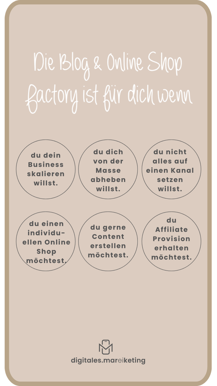 „Informationsgrafik mit der Überschrift ‚Was du nicht bekommst‘ zum Mini-Kurs der AOS Factory. Erklärt wird, dass der Kurs keine Anleitung zum Verkauf eigener Produkte über systeme.io enthält, sondern sich ausschließlich auf die Platzierung von Affiliate-Produkten konzentriert. Vorteile wie kostenlos, mehr Gestaltungsfreiraum, E-Mail-Marketing und CRM-System werden hervorgehoben.