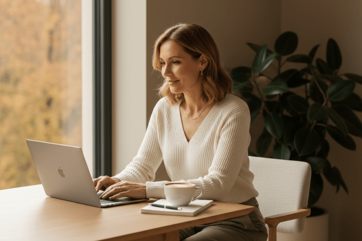 Frau um die 50 arbeitet am Laptop an einem Tisch, Tageslicht am Fenster, ruhige Arbeitssituation zu Hause