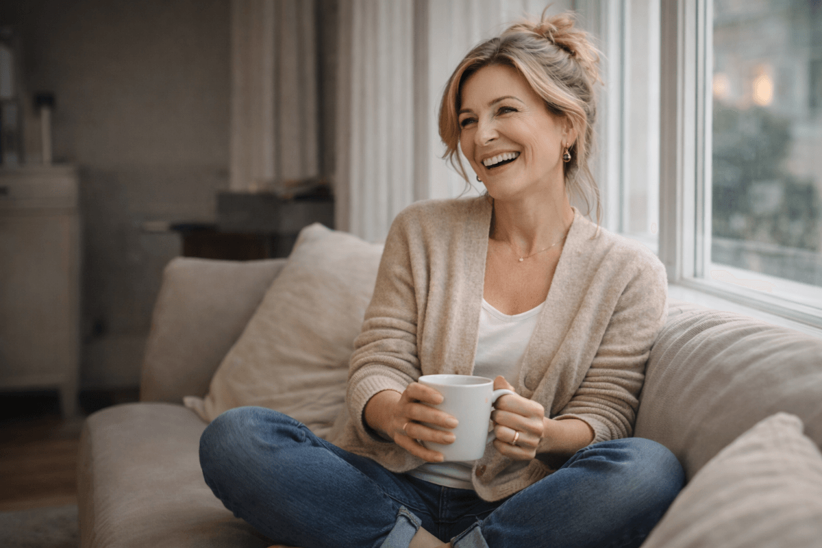 Frau um die 50 sitzt mit einer Tasse Kaffee am Fenster und lacht – Moment von Leichtigkeit und Lebensfreude im Alltag.