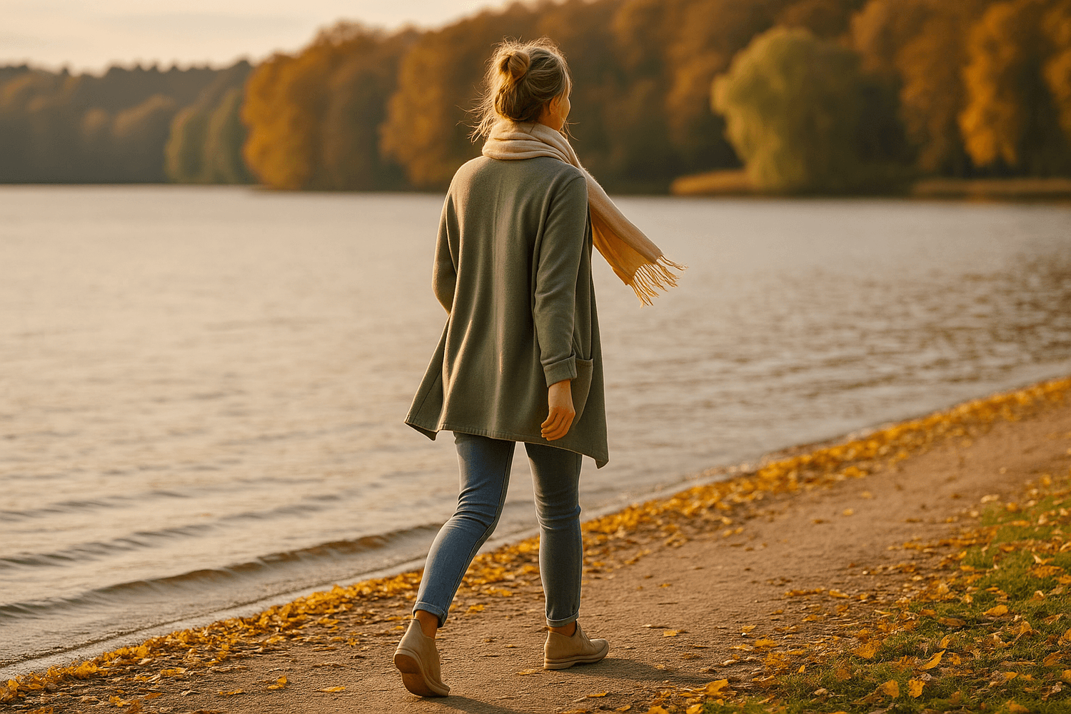 Frau um die 50 geht im Herbst am Ufer eines Sees entlang, warmes Abendlicht, ruhige Naturkulisse mit bunten Bäumen.
