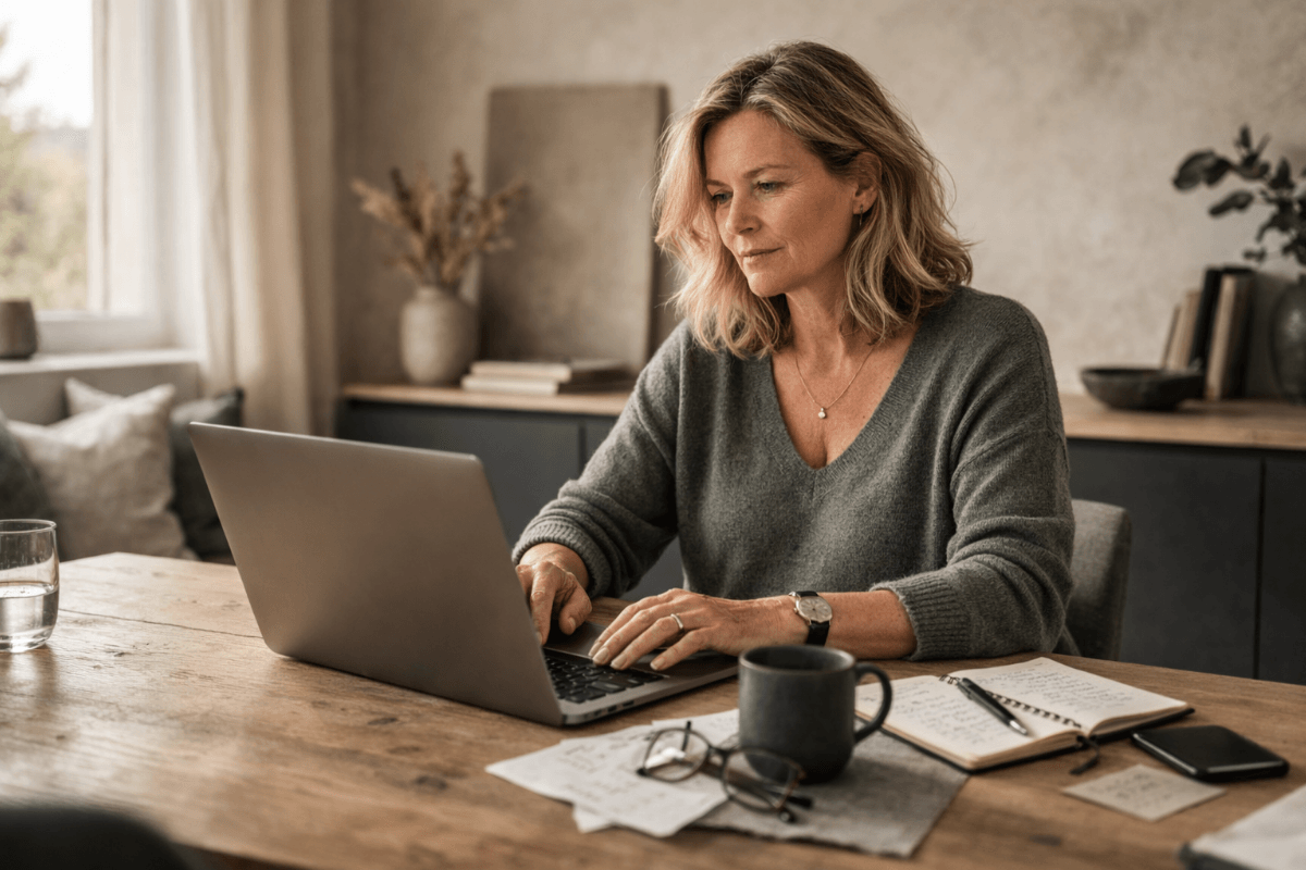 Frau um die 50 arbeitet am Laptop an einem Tisch, Tageslicht am Fenster, ruhige Arbeitssituation zu Hause