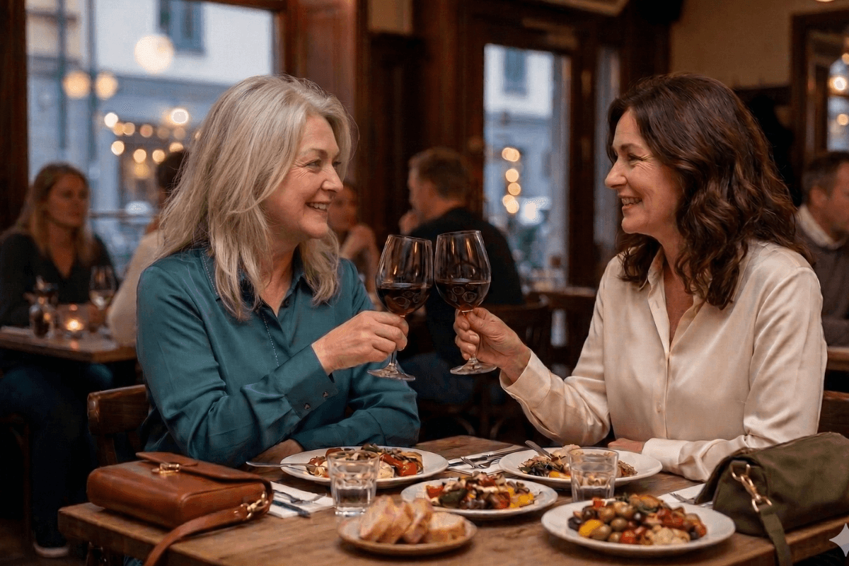 Zwei Frauen um die 50 sitzen abends in einem Restaurant, stoßen mit einem Glas Rotwein an und lachen miteinander