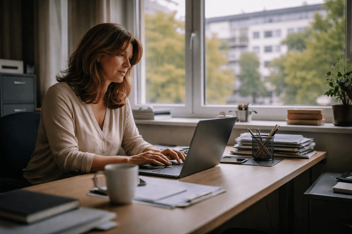 Frau über 50 arbeitet konzentriert am Laptop an einem Schreibtisch am Fenster, umgeben von Unterlagen, Kaffee und Tageslicht – Alltag und Arbeiten mit über 50.