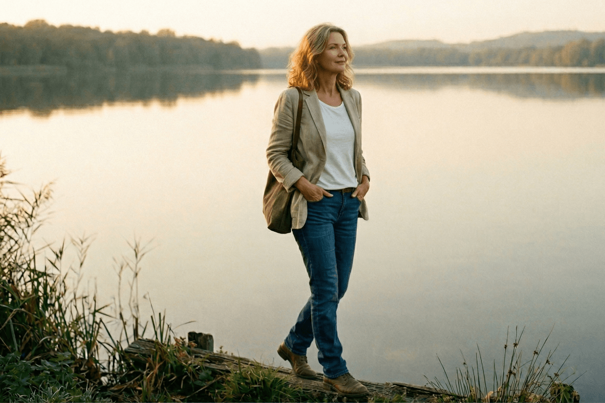 Frau über 50 geht nach der Arbeit am See spazieren und macht einen ruhigen Umweg auf dem Heimweg