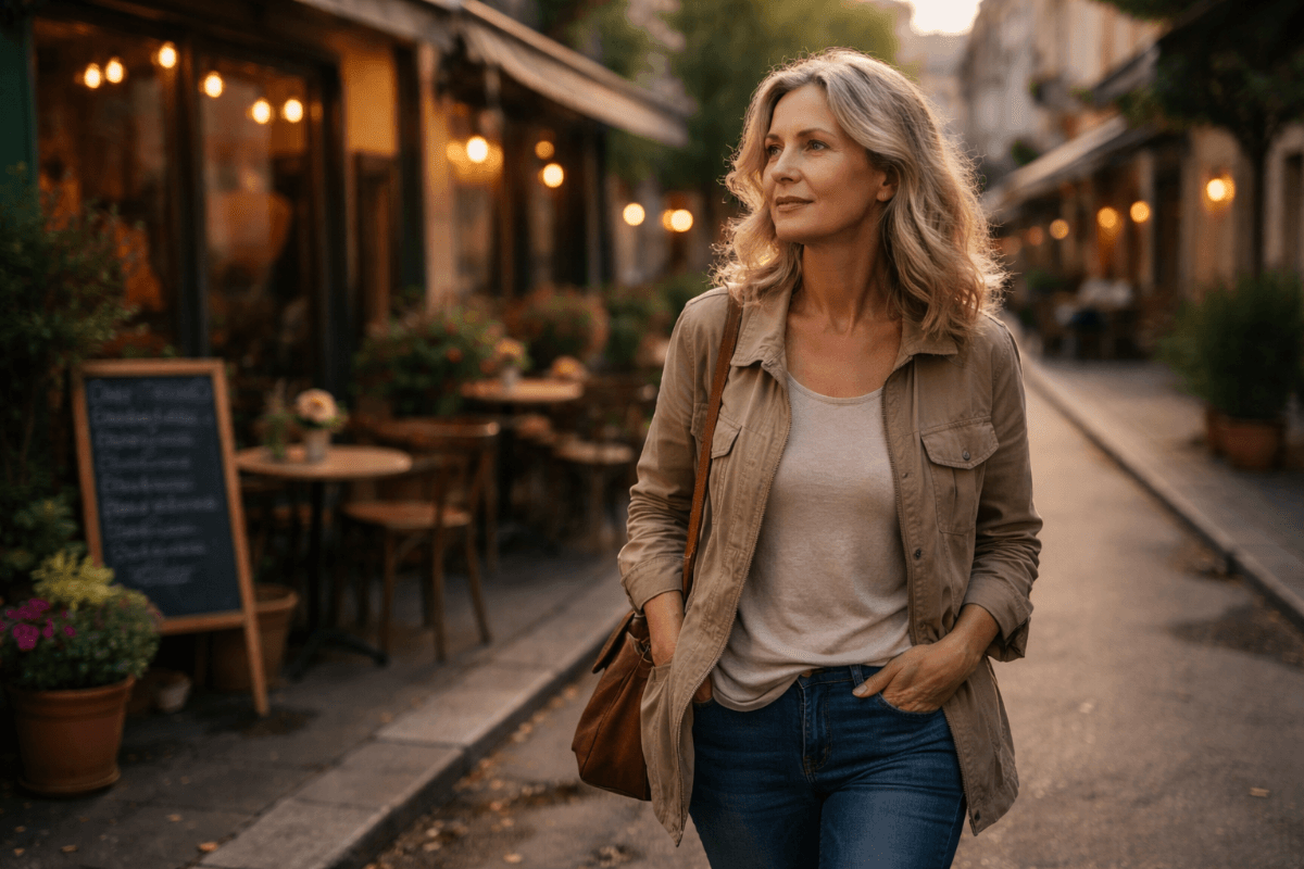 Frau über 50 macht nach der Arbeit einen kleinen Umweg durch eine ruhige Straße mit Cafés