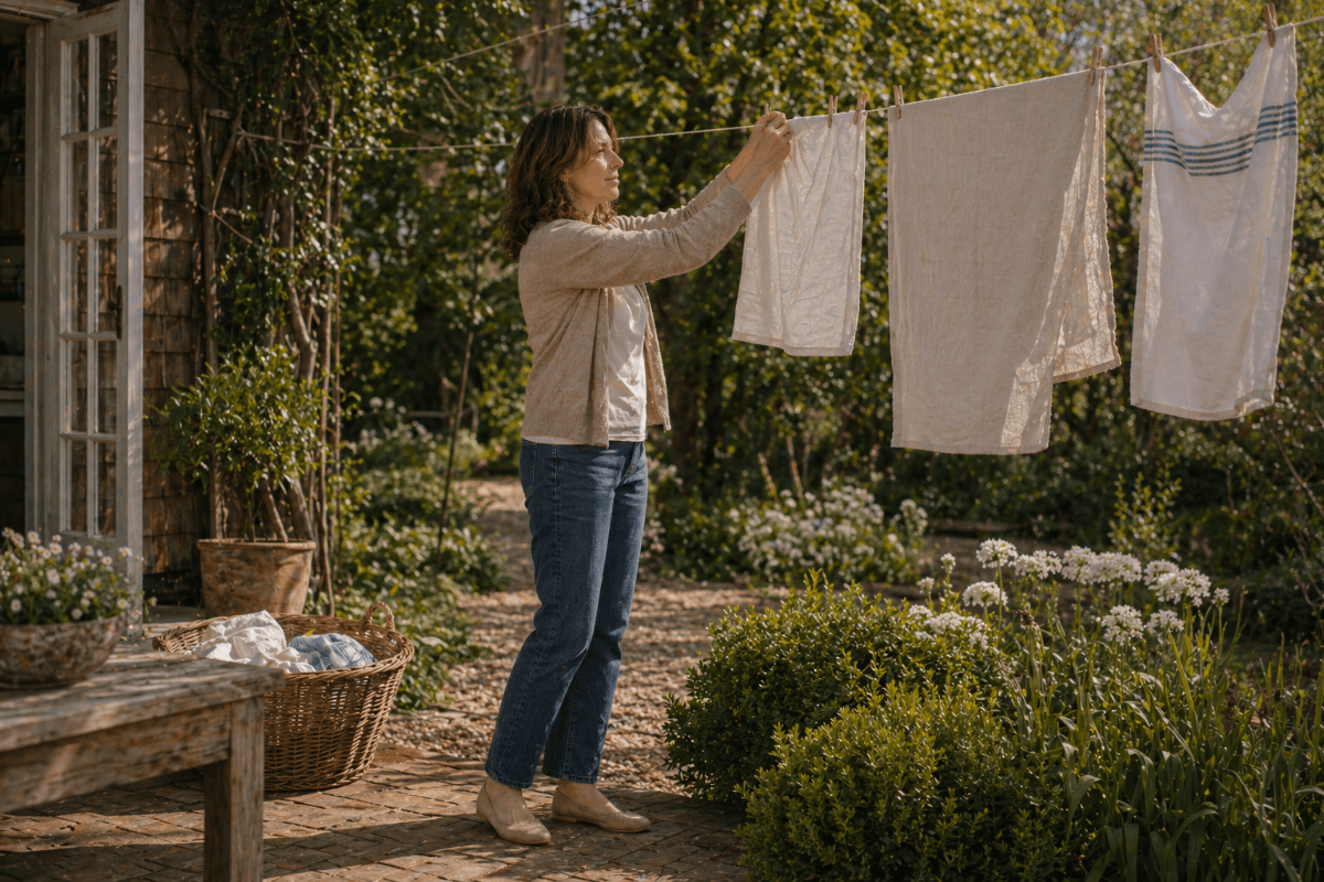 frau über 50 hängt an einem sonnigen apriltag wäsche im garten auf und nutzt eine freie stunde im alltag
