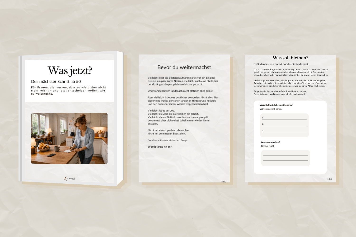 Mockup des Guides „Ehrliche Bestandsaufnahme ab 50“ mit Arbeitsseiten und Checklisten für Frauen ab 50, die herausfinden wollen, wo es wirklich hakt.