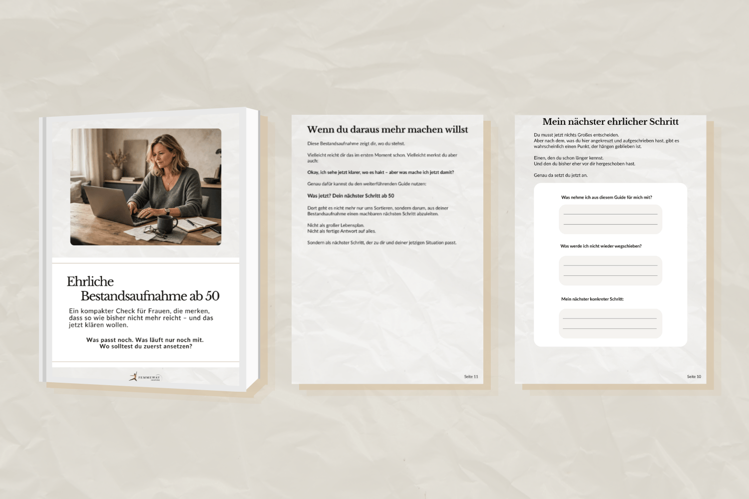 Mockup des Guides „Ehrliche Bestandsaufnahme ab 50“ mit Arbeitsseiten und Checklisten für Frauen ab 50, die herausfinden wollen, wo es wirklich hakt.