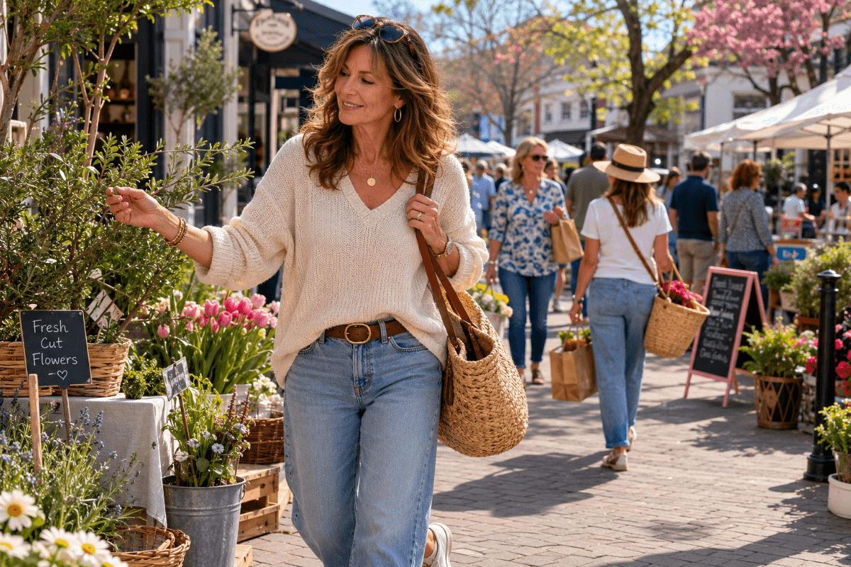 Frau ab 50 geht über einen Markt und betrachtet Blumen – Symbol für Alltag, neue Perspektiven und Veränderung.