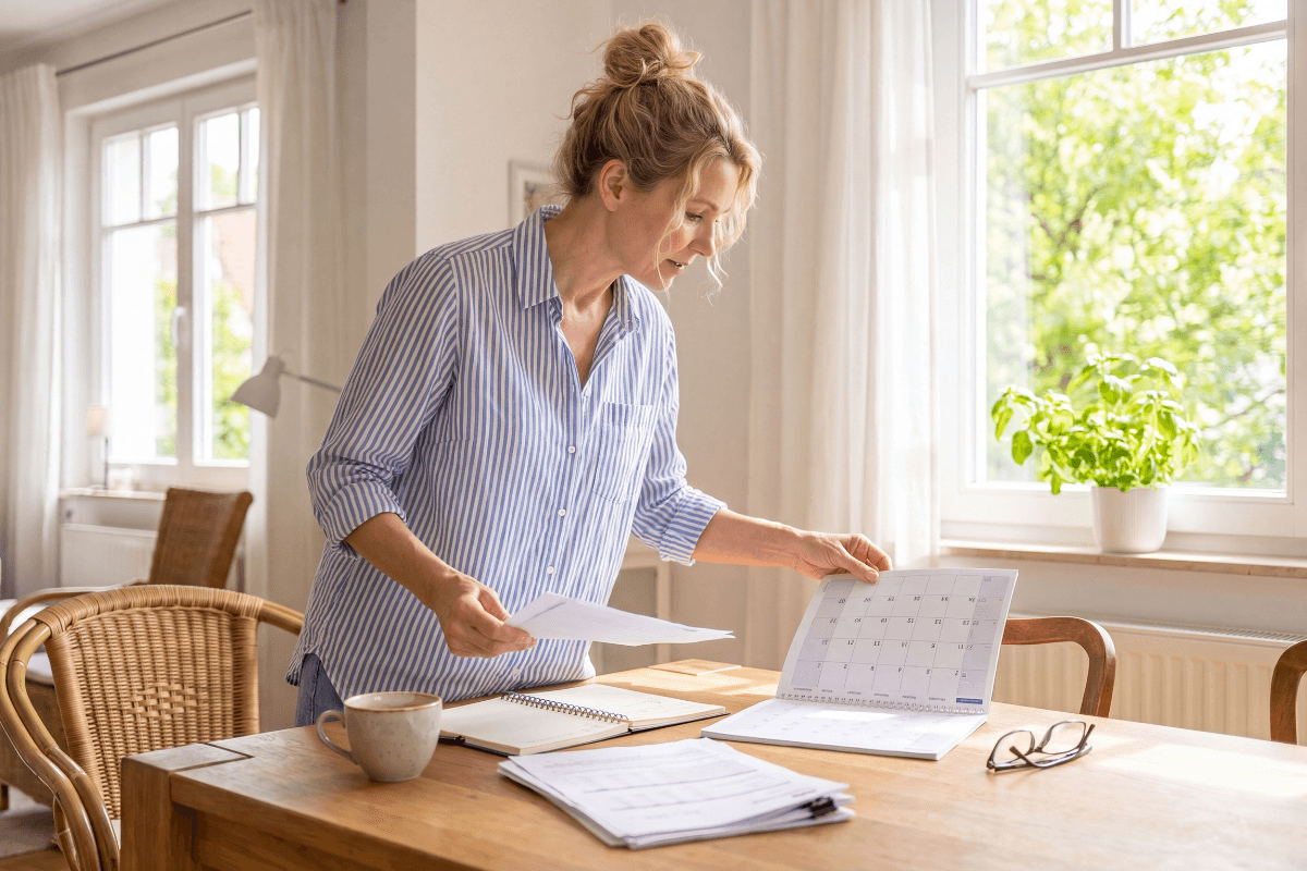 frau über 50 steht an einem tisch mit kalender, unterlagen und kaffeetasse und plant ihren arbeitsalltag