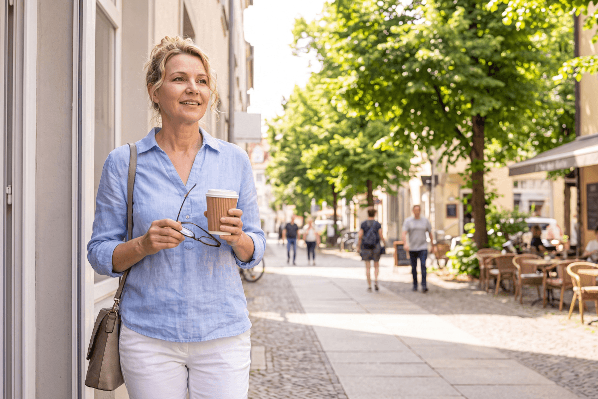 frau über 50 steht mit kaffeebecher und brille an einem warmen tag in der stadt und ist unterwegs zwischen arbeit und alltag