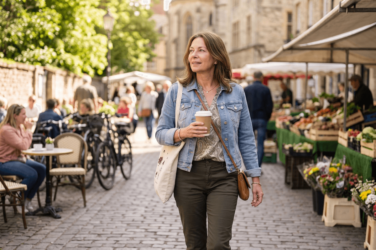 Eine Frau über 50 geht an einem freien Vormittag entspannt durch die Stadt und genießt ihre Zeit.