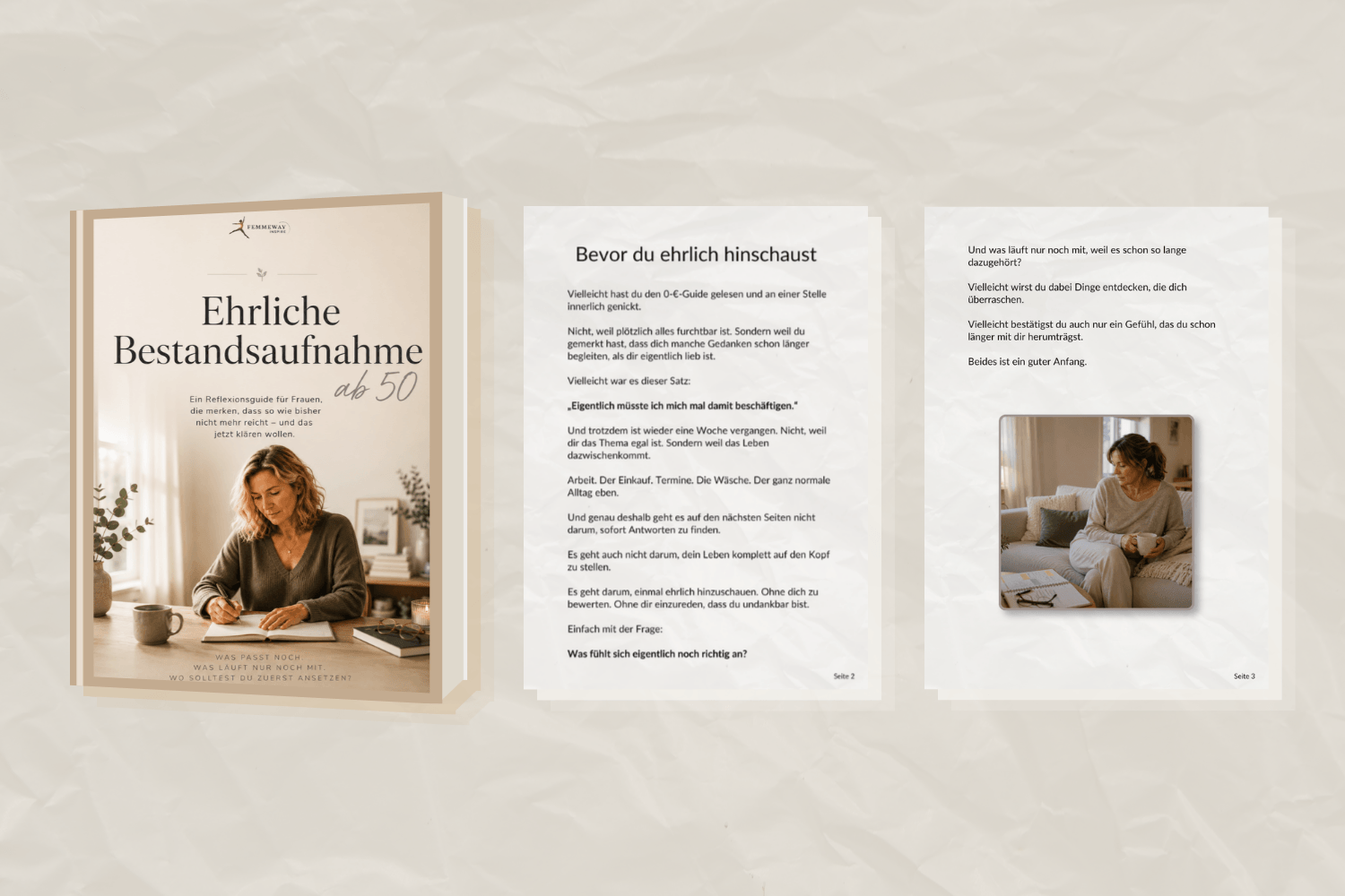 Mockup des Guides „Ehrliche Bestandsaufnahme ab 50“ mit Arbeitsseiten und Checklisten für Frauen ab 50, die herausfinden wollen, wo es wirklich hakt.