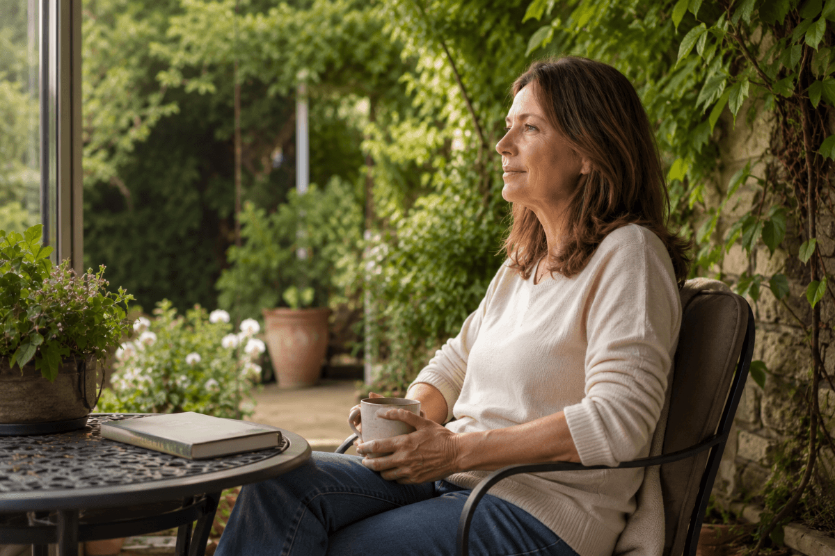 Frau über 50 genießt einen ruhigen Nachmittag im Garten und erlebt, wie wertvoll freie Zeit im Arbeitsalltag geworden ist.