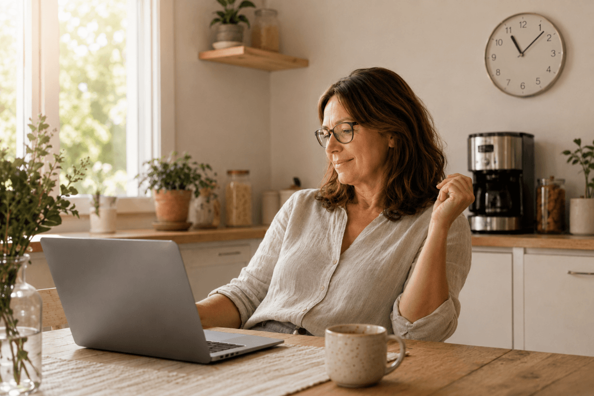 Frau informiert sich am Laptop über ChatGPT und digitale Möglichkeiten und genießt einen ruhigen Moment mit einer Tasse Kaffee.