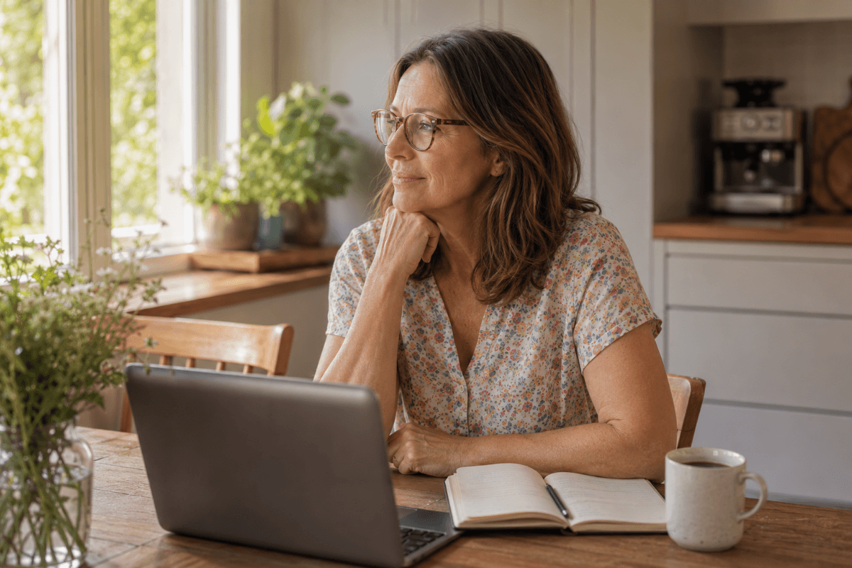 Frau um die 55 sitzt mit Lesebrille, Laptop und einer Tasse Kaffee am Küchentisch und blickt nachdenklich aus dem Fenster, während sie über neue digitale Möglichkeiten nachdenkt.