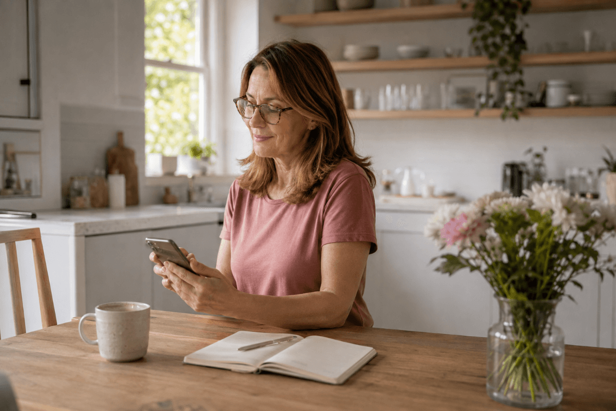 Eine etwa 55-jährige Frau sitzt mit Smartphone, Kaffeetasse und offenem Notizbuch an einem hellen Küchentisch und lächelt beim Lesen.
