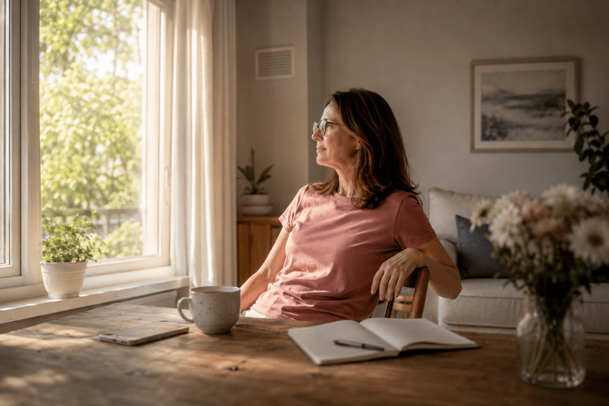 Frau um die 55 sitzt mit Lesebrille, Laptop und einer Tasse Kaffee am Küchentisch und blickt nachdenklich aus dem Fenster, während sie über neue digitale Möglichkeiten nachdenkt.