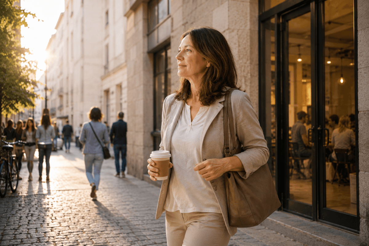 Frau um die 55 geht nach Feierabend mit Arbeitstasche und Kaffee durch die Stadt und ist auf dem Weg zu einem neuen Termin.