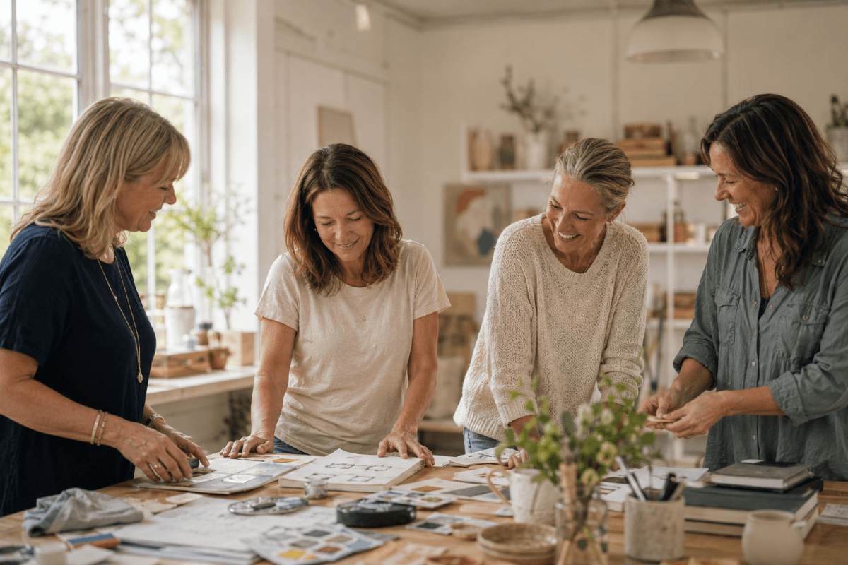 Vier Frauen um die 50 arbeiten gemeinsam an einem Tisch, tauschen Ideen aus und probieren bei einem Workshop etwas Neues aus.