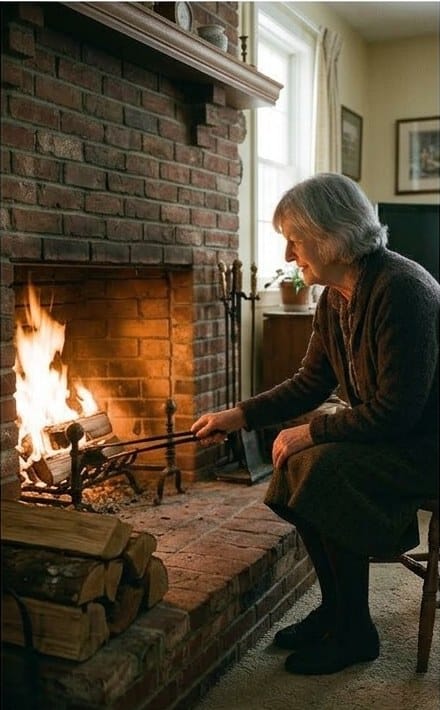 Nora tending the fire in a brick hearth