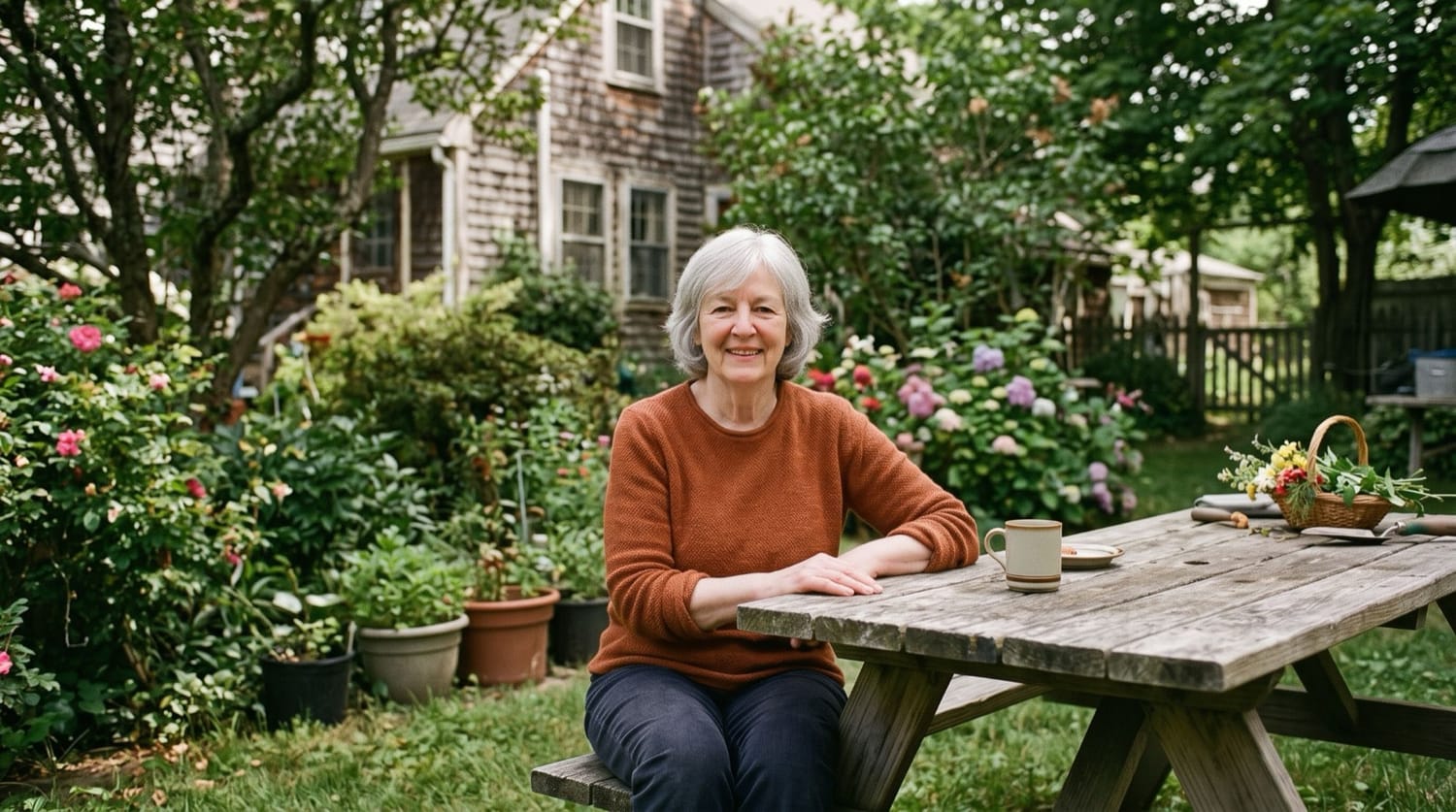 Nora smiling at a weathered picnic table in her garden
