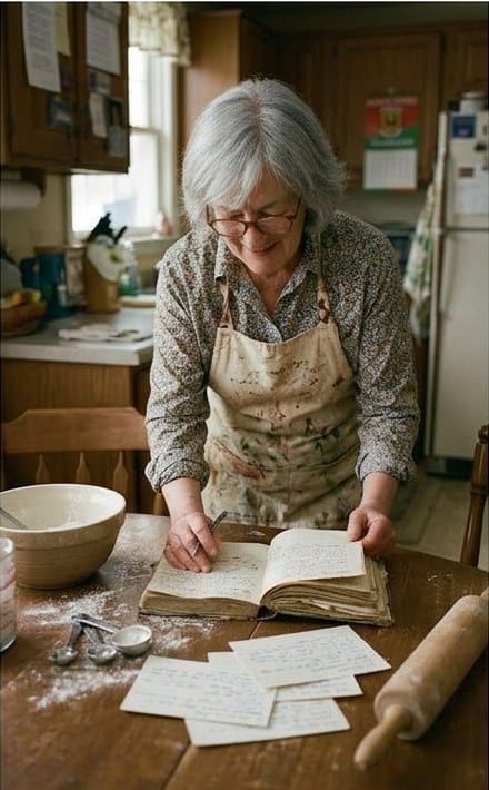 Nora reading her recipe book at the kitchen table